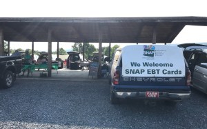 A sign strapped to the back of a pick up truck that reads "We Welcome SNAP EBT Cards" with the Supplemental Nutrition Assistance Program (SNAP) logo. The truck is parked in front of a pavilion where other vehicle's trunks are opened and tables are getting set up for a farmers market.